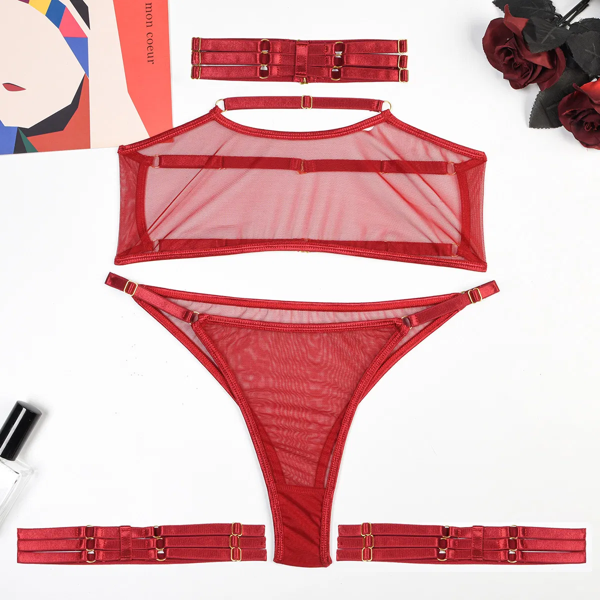 Sexy Ultra-Thin Solid Color Woman Underwear Set Hot Sell Elastic Mesh Perspective Lingerie
