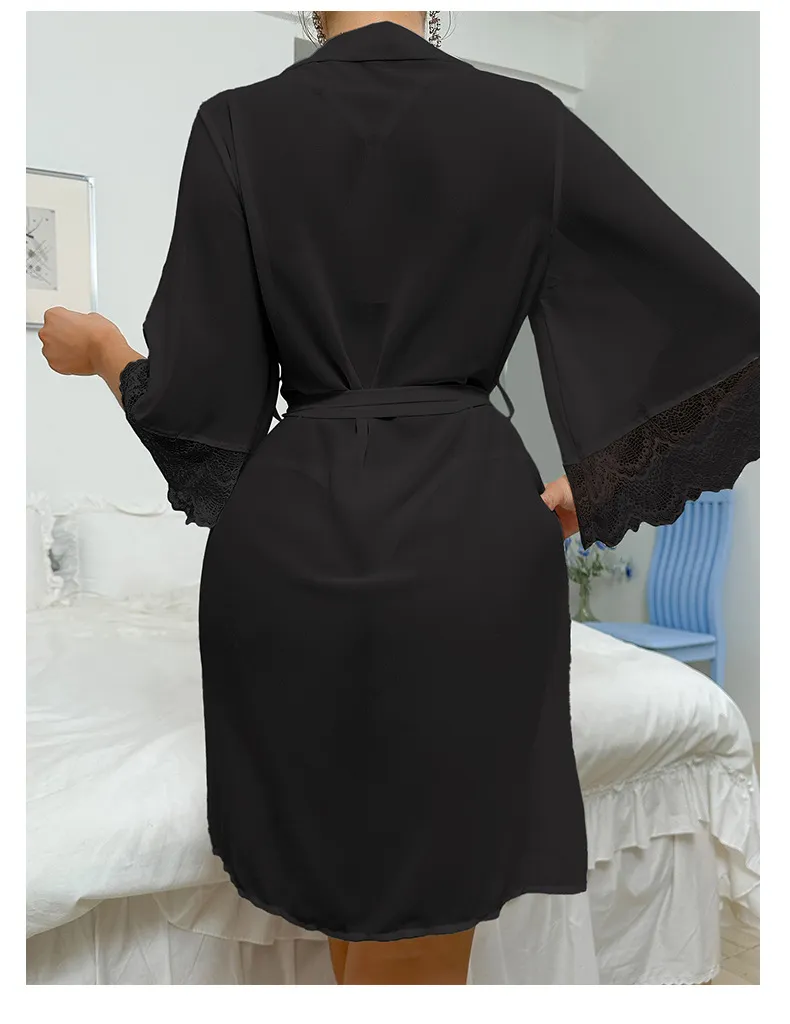 Sexy See-Through Chiffon Mesh Woman's Sleepwear Wholesale Lace Patchwork Robe