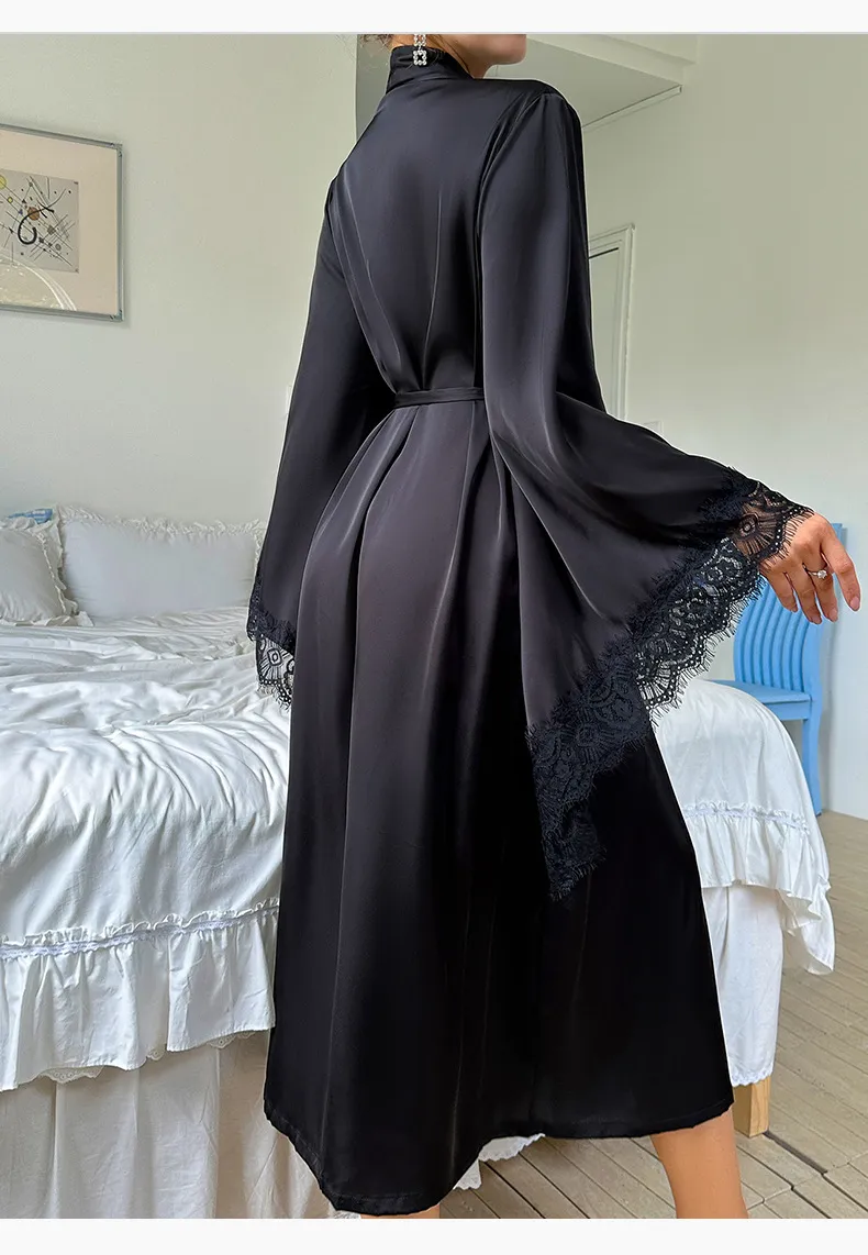 Wholesale Satin Lace Long Sleeved Women's Sleepwear Sexy High Quality Soft and Silky Robe