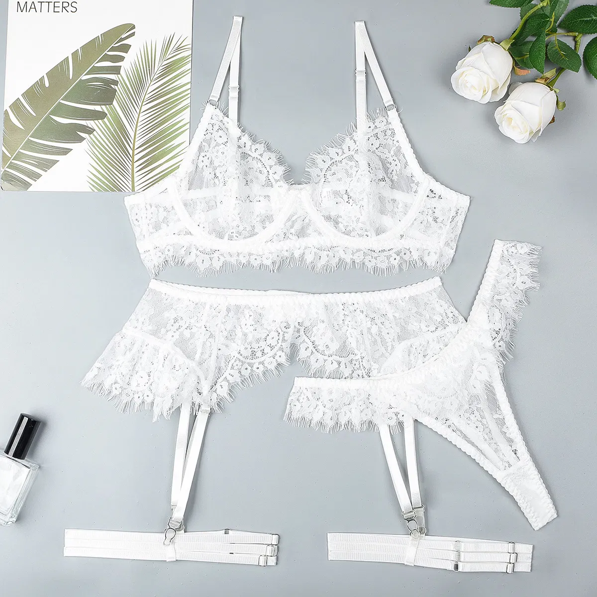 Sexy Transparent Lace Eyelash Woman Underwear Set Wholesale Embroidery Complex Lingerie