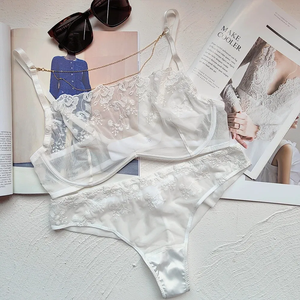 Sexy New French Ultra-Thin Embroidered Lace Bra Underwear Set Lingerie