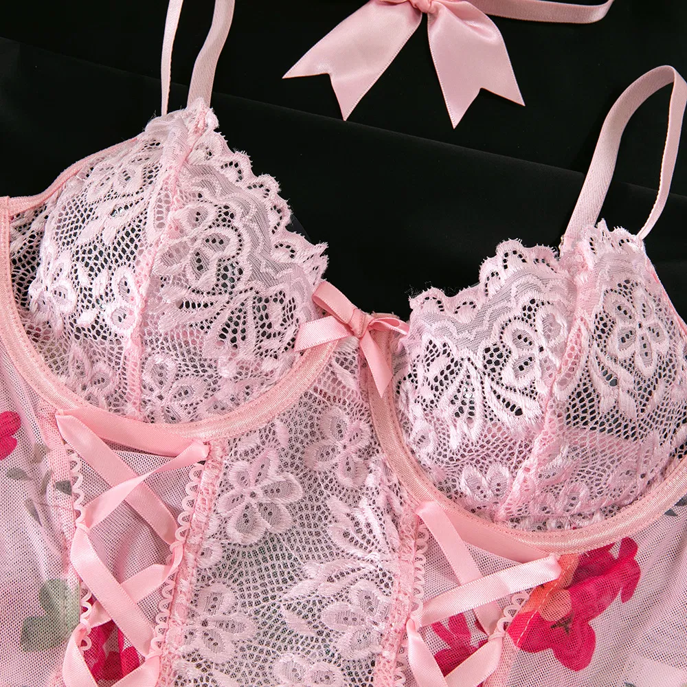 New Arrival Floral Print See-Through Bra and Panty Set Sexy Ultral-Thin Embroidery Lingerie