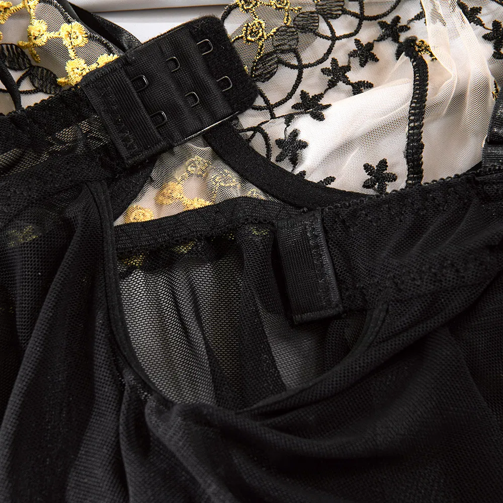 New Arrival Erotic Transparent Bra and Panty Set Sexy Long Dress Embroidered Lingerie