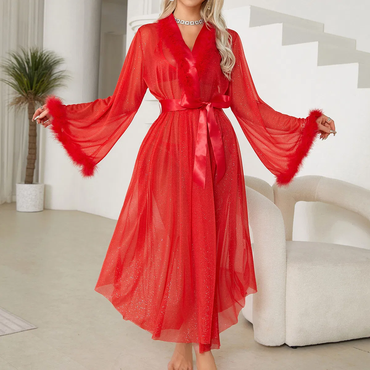 Wholesale Long Sleeve Open Front Sleepwear Sexy See Through Shiny Silver Line Women's Robe