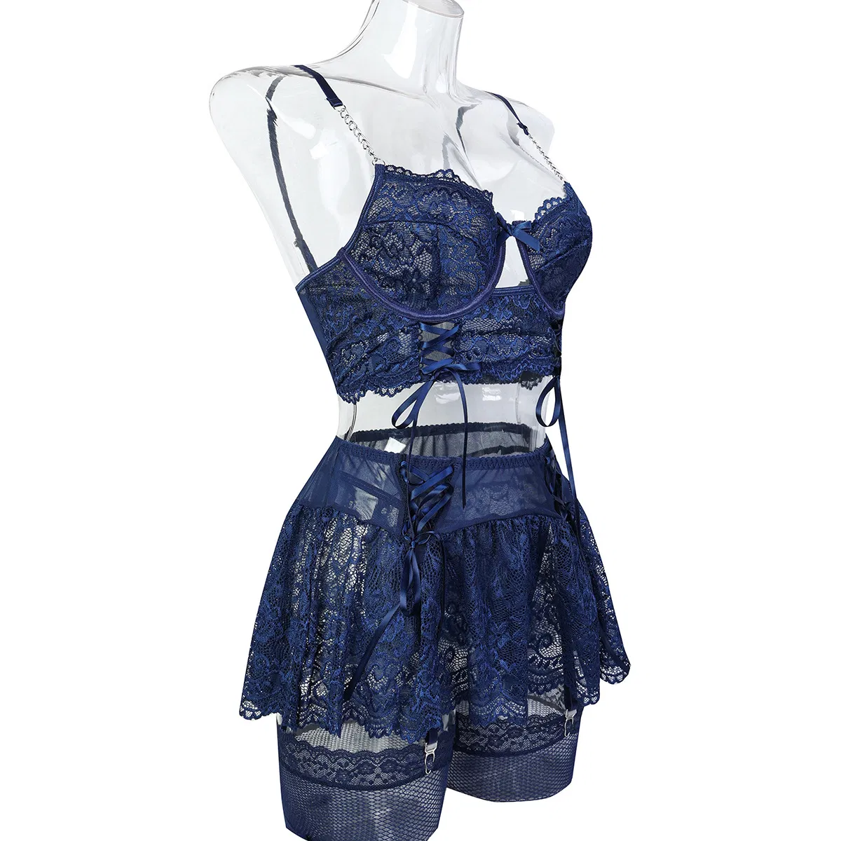 Sexy Embroidery Lace Hollow out Strap Cross Bra Set Wholesale Erotic Skirt Woman Lingerie