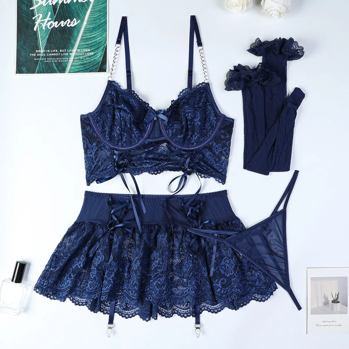 Sexy Embroidery Lace Hollow out Strap Cross Bra Set Wholesale Erotic Skirt Woman Lingerie