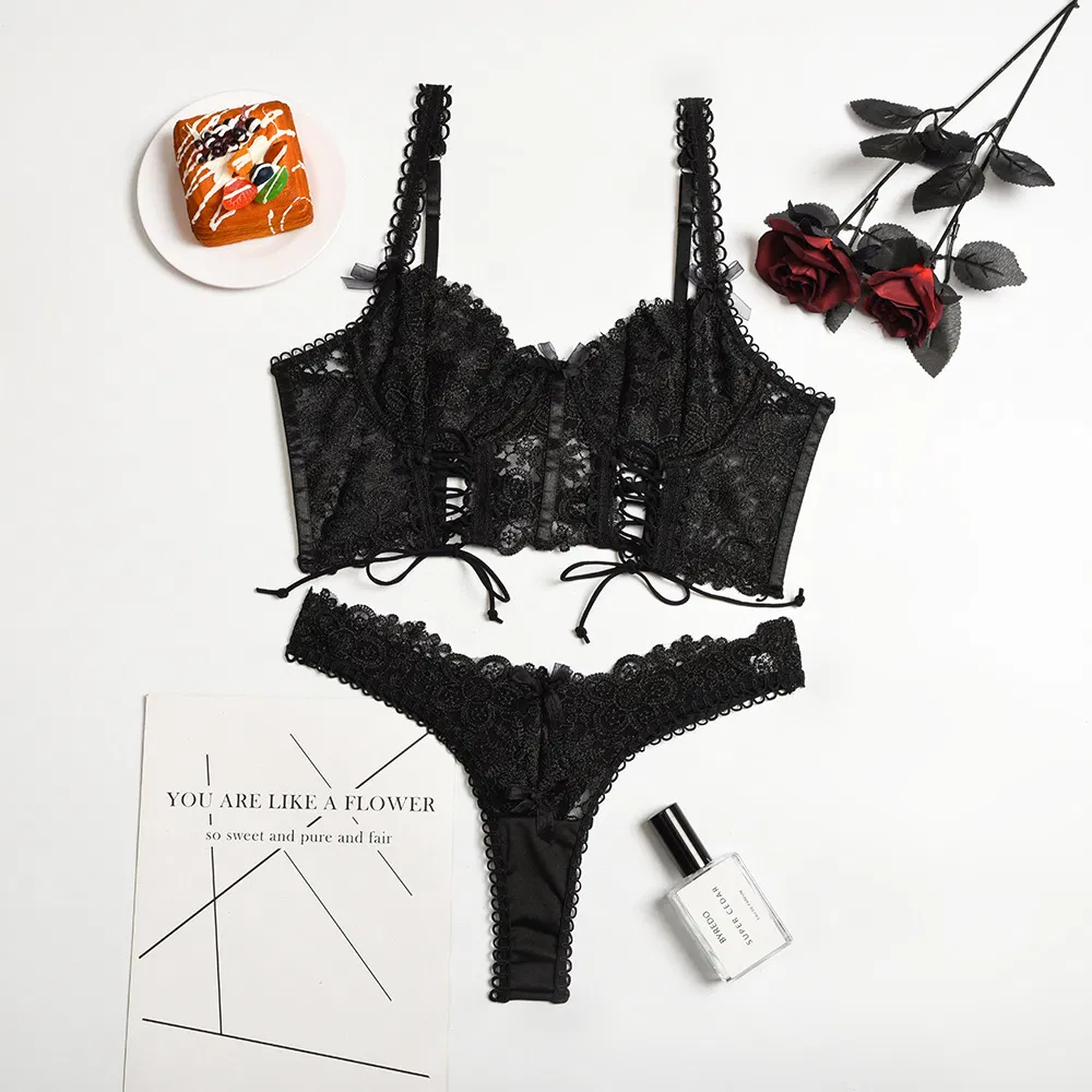 Wholesale Embroidery Floral Bra Set Sexy Transparent Hollow out 2 Piece Woman Lingerie