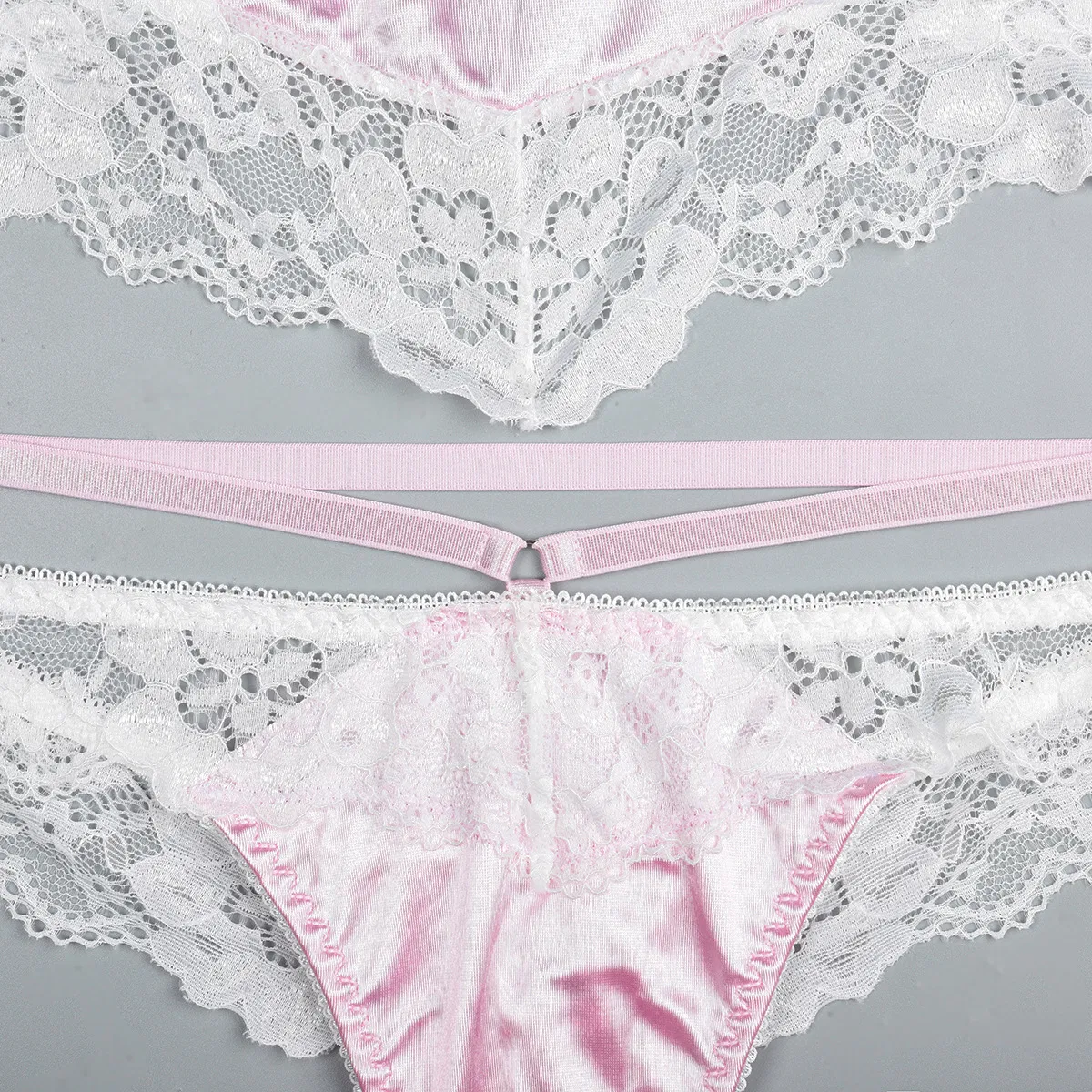 Sexy Neck Hanging Cross Strap Underwear Set Wholesale Pink Satin Women Lingerie