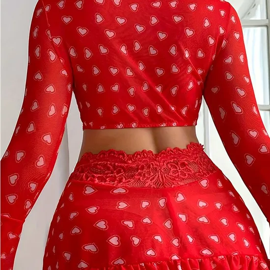 Wholesale Heart Printed Long Sleeves Bra Set Sexy Christmas Woman Mini Skirt Lingerie