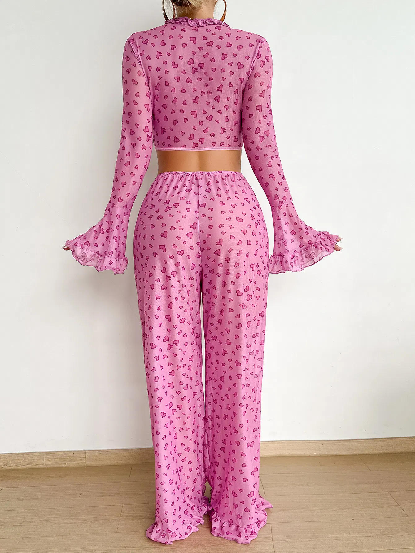 Hot Sell Erotic Long Sleeve Transparent Mesh Underwear Set Sexy Heart Print Women's Lingerie