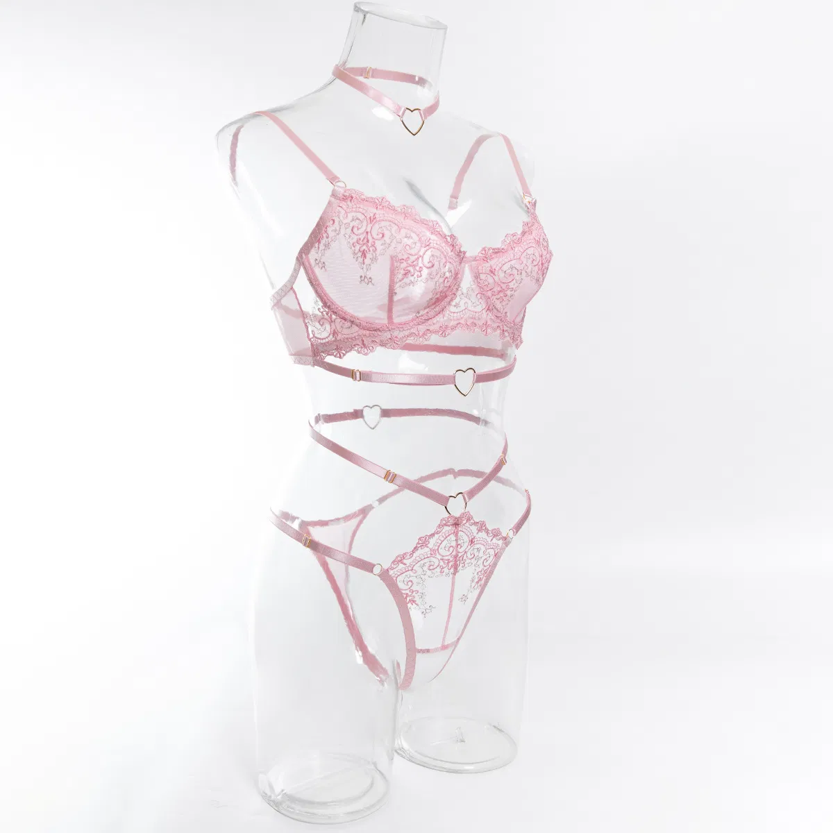 Hot Fashion Love Heart Halter Woman Bra Set Sexy See-Through Embroidered Lingerie