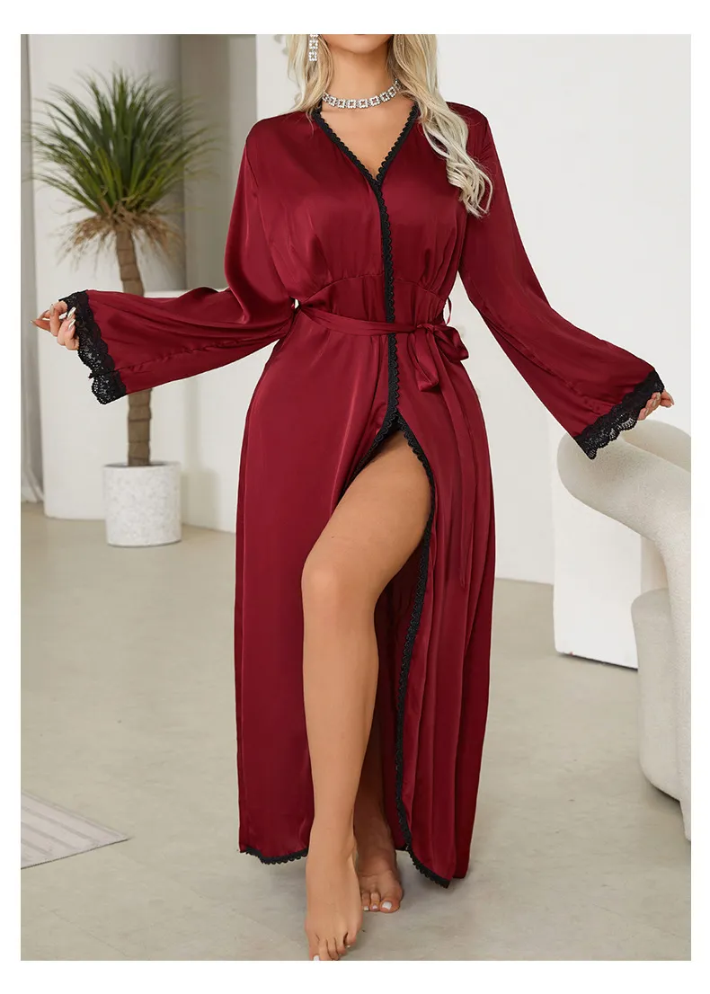 Wholesale Lace Satin Sleepwear Sexy Mesh Embroidery Patchwork Transparent Women's Robe
