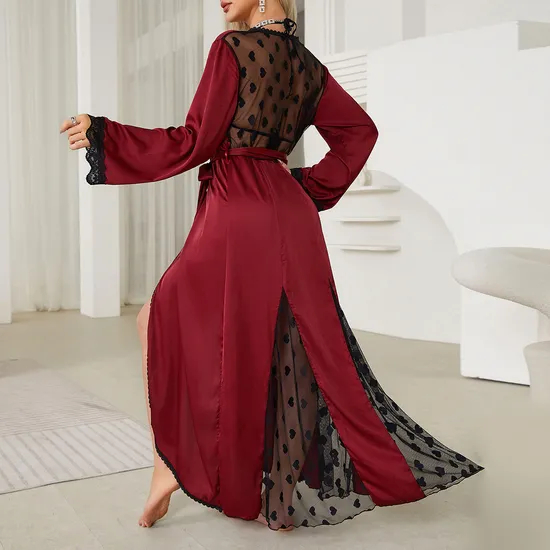 Wholesale Lace Satin Sleepwear Sexy Mesh Embroidery Patchwork Transparent Women's Robe