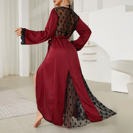 Wholesale Lace Satin Sleepwear Sexy Mesh Embroidery Patchwork Transparent Women's Robe