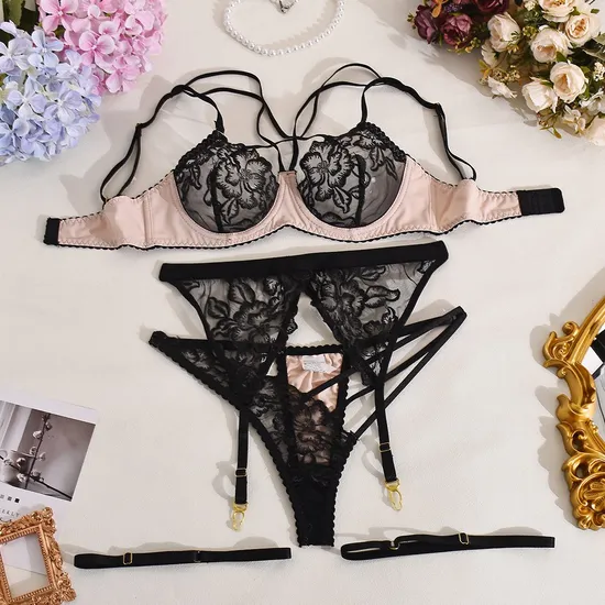 Wholesale See Through Mesh Embroidery Women's Bra Panty Sets Sexy Cross-Strap Lingerie