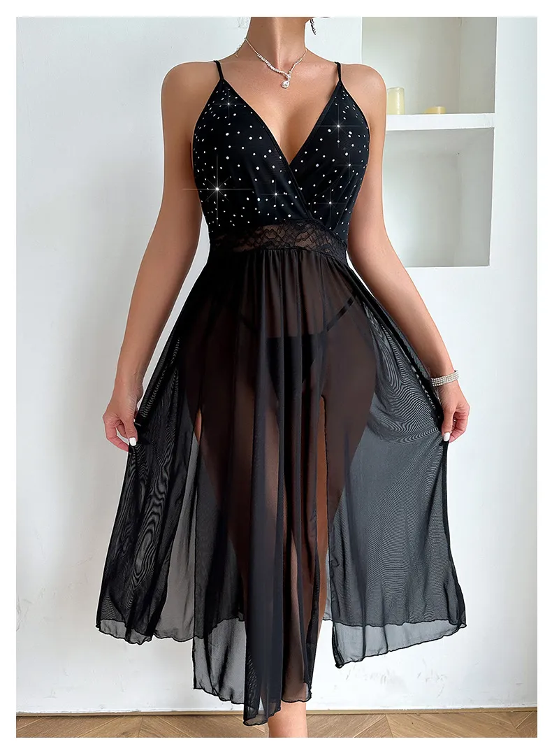 Sexy Erotic Transparent Woman Nightgown Dress Wholesale Solid Color Long Mesh Nightwear