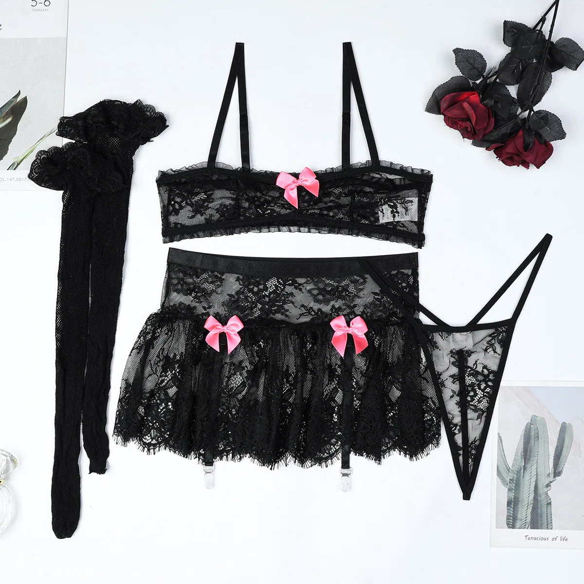 New Fashion Ultra-Thin Woman Underwear Set with Stocking Sexy Bow Mesh Skirt Lingerie