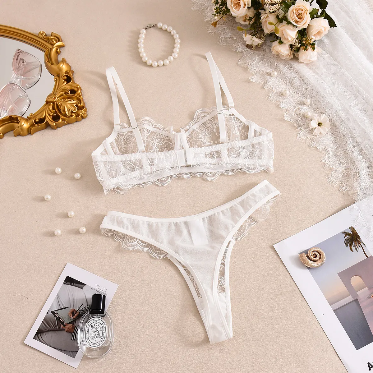 Wholesale Thin Solid Color Transparent Embroidered Lace Underwear Set Sexy Women's Lingerie