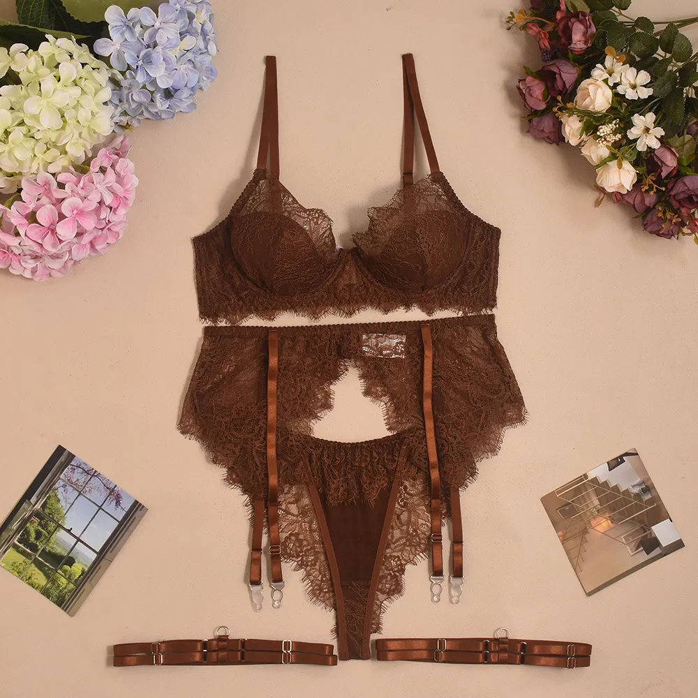 Wholesale Embroidered Eyelash Lace Woman's Underwear Set Sexy Ultra-Thin 2-Piece Lingerie