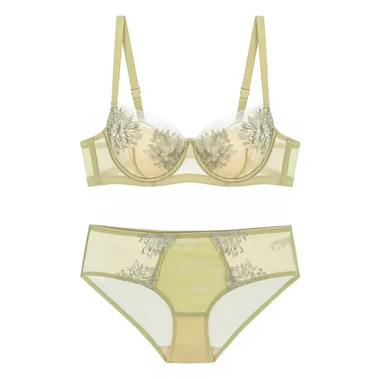 New Style French for Women Embroidery Lace Trim Ultra-Thin Soft Sexy Gathering Bra Set Breathable Underwear Lingerie