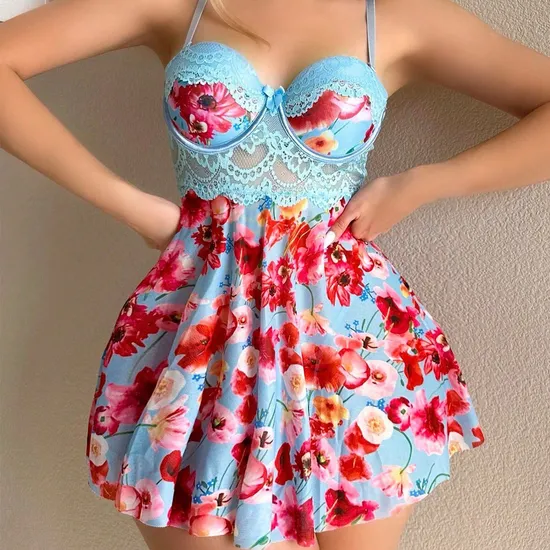 Wholesale Floral Print Long Dress Underwear Set Sexy Ultral-Thin Women Lingerie