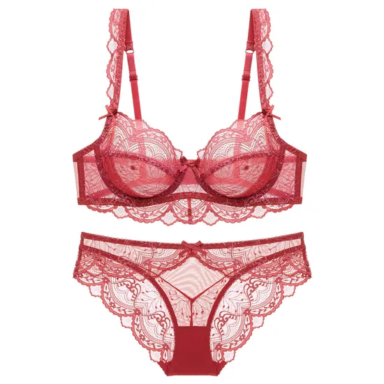 Hot Sell for Women Ultra-Thin Hollowed-out Underwear Transparent Lace Bra Set Sexy Lingerie