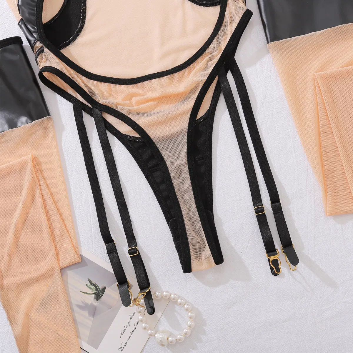 Sexy PU Leather Splicing Ultral-Thin One Piece Lingerie Set New Erotic See Through Bodysuit