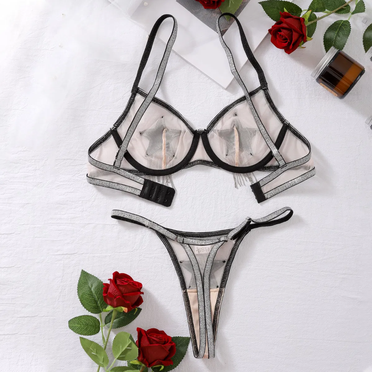 Sexy Tassel Rhinestone Decoration Underwear Set Wholesale See-Through Patchwork Lingerie