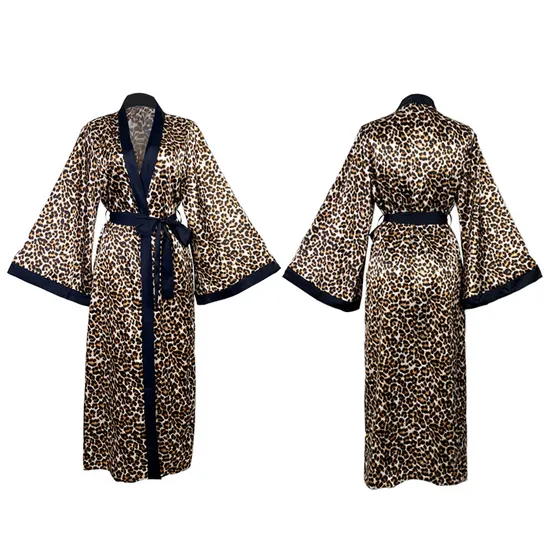 Sexy Satin Leopard Print Long Sleepwear for Woman Wholesale V-Neck Silk Night Robe
