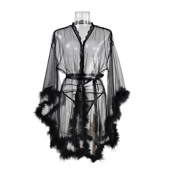 Wholesale See-Through Mesh Long Leeve Sleepwear with Fur Sexy Solid Color Woman Robe