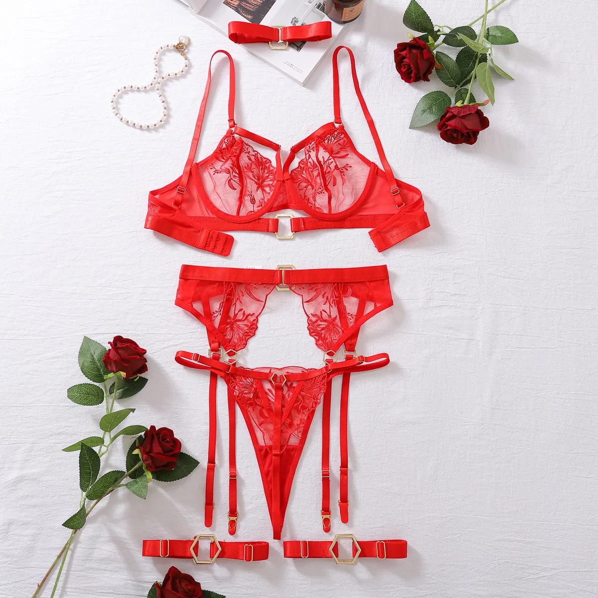 New Arrival See-Through Embroidered Garter Belt Bra Set Sexy Ultral-Thin Women's Lingerie