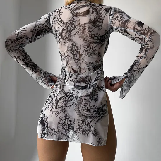 Sexy High Neck Long Sleeve Tie-Dye Mesh Underwear Set Wholesale Women's Dress Lingerie