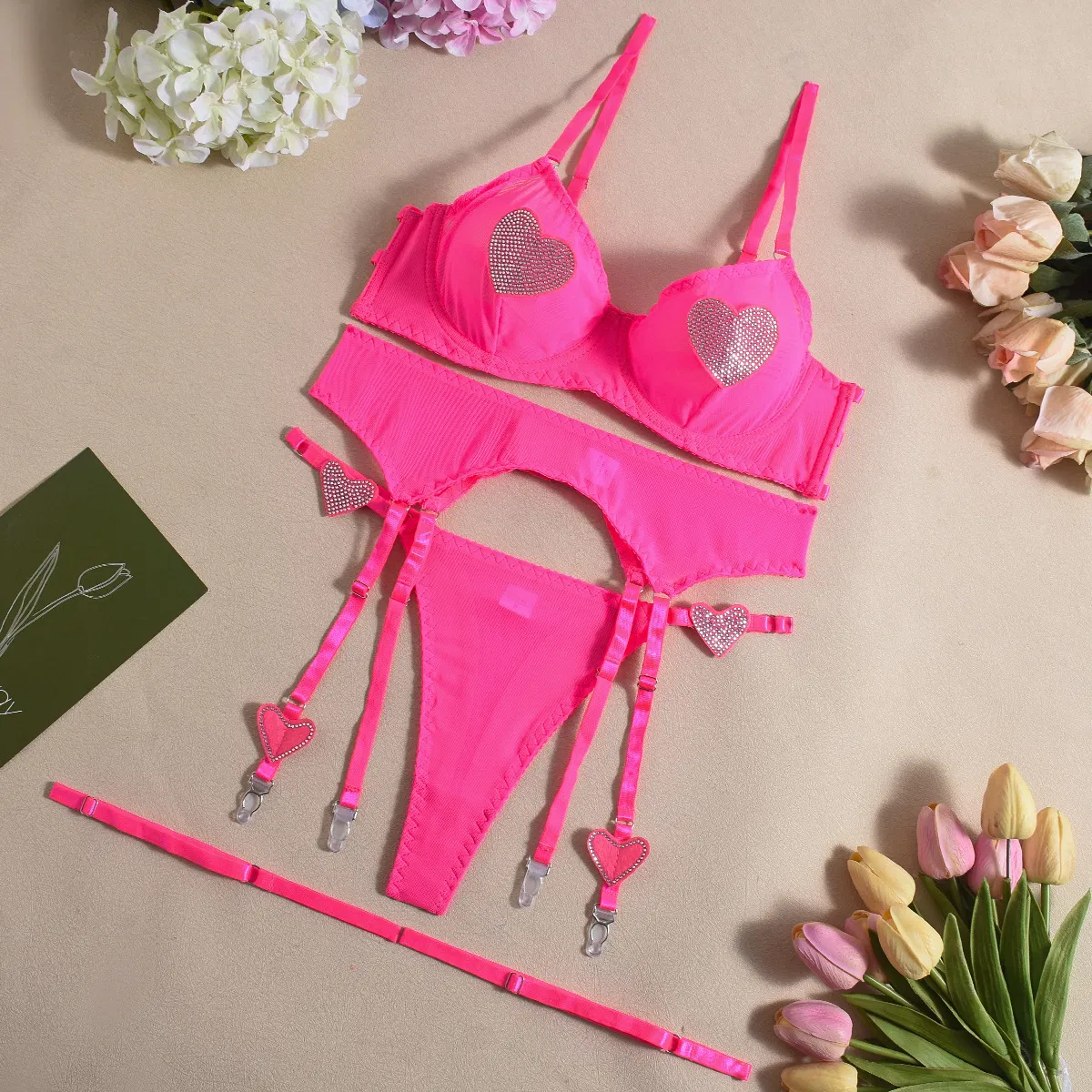 Wholesale Mesh See-Through Underwear Set for Woman Sexy Heart Shaped Rhinestone Lingerie