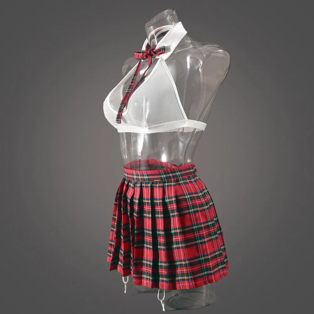 Sexy See-Through Role Play Plaid Bra Set Hot Short Skirt Woman Lingerie
