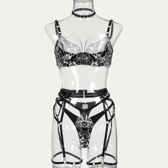 Sexy See-Through Woman Bra Set Sexy Flower Complex Embroidery Mesh Lingerie