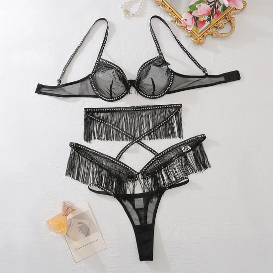 New Arrival Exotic Black Tassel Woman Bra Panty Set Sexy Perspective Mesh Lingerie