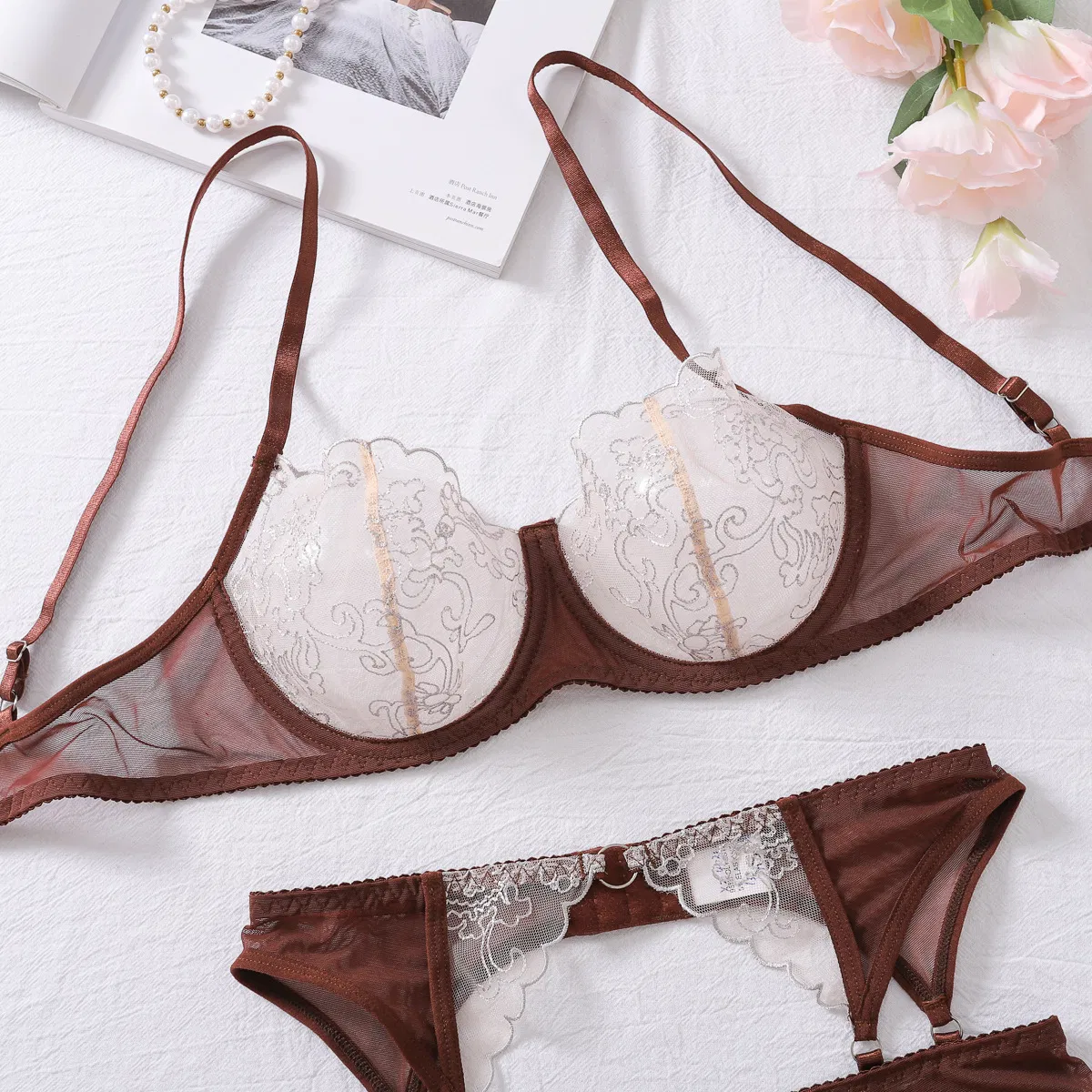 New Fashion See-Through Embroidery Bra Panty Set Sexy Contrasting Color Women Lingerie