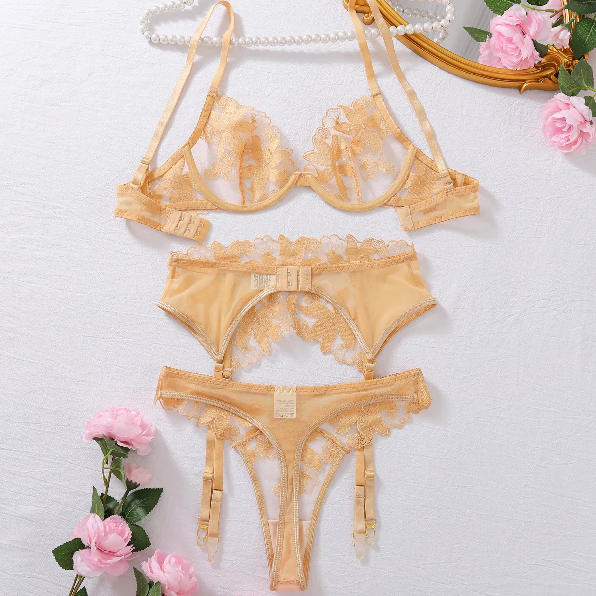 New Style Gold Flower Embroidery Bra Set Sexy See-Through Woman Lingerie