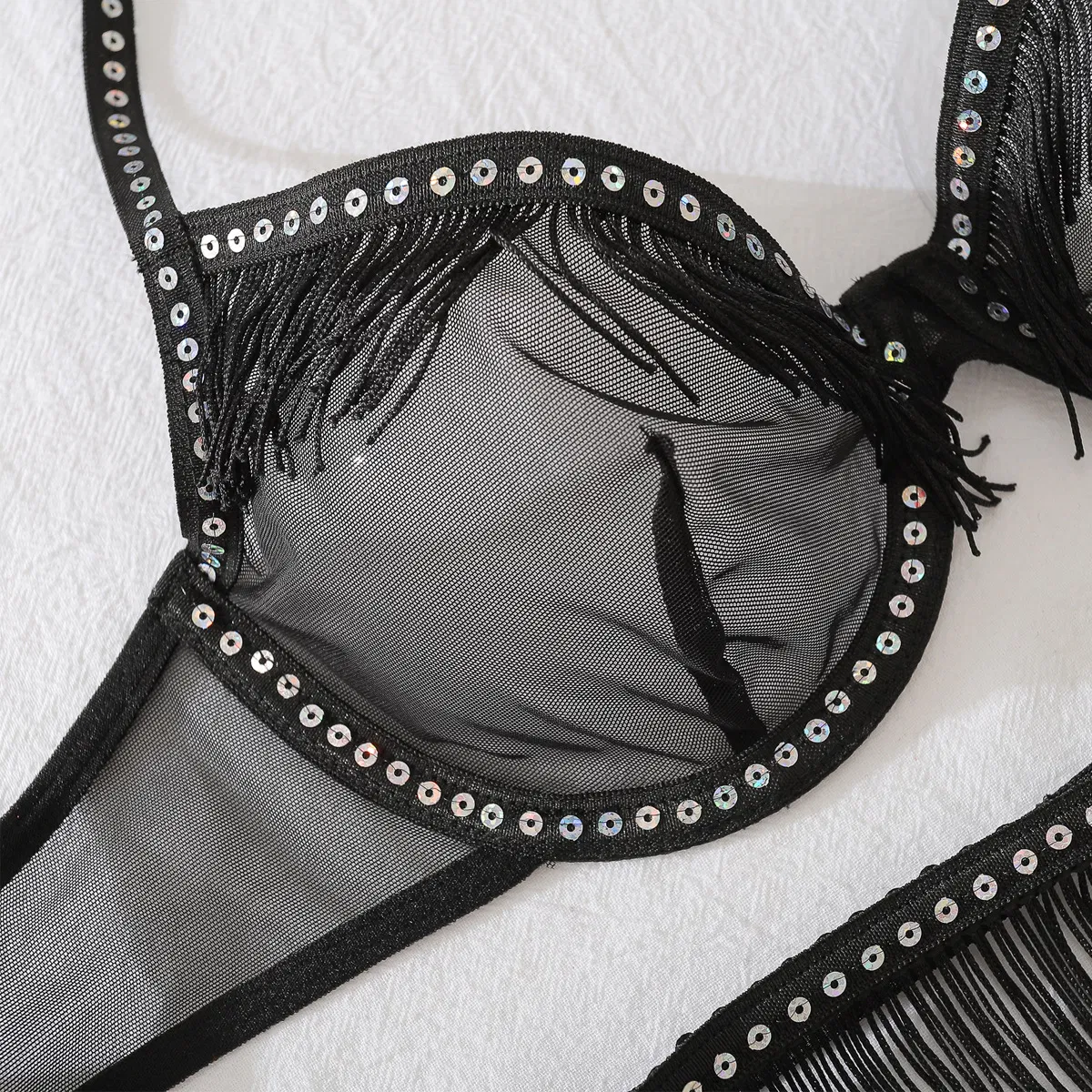 New Arrival Exotic Black Tassel Woman Bra Panty Set Sexy Perspective Mesh Lingerie