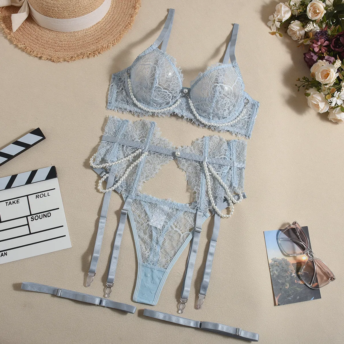 Wholesale See-Through Underwear Set for Woman Sexy Embroidery Eyelashes Lace Lingerie