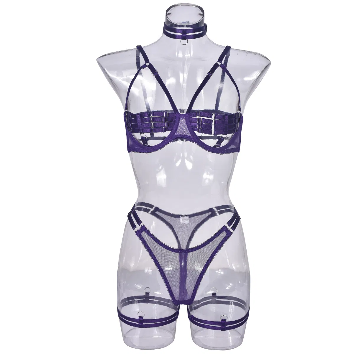 Sexy Hollow out Woman Complicated Straps Underwear Set Hot Neck Ring Solid Color Lingerie