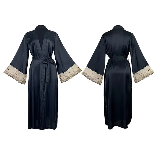 Sexy Satin Transparent Lace Woman Sleepwear Wholesale Long Sleeved Nightwear
