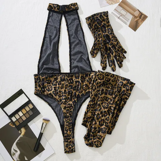 Wholesale Halter Deep-V Backless Underwear Set with Gloves Sexy Leopard Print Lingerie