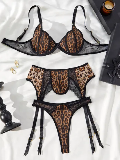 Wholesale Leopard Print Ultral-Thin Underwear Set Sexy Luxury Woman Lingerie