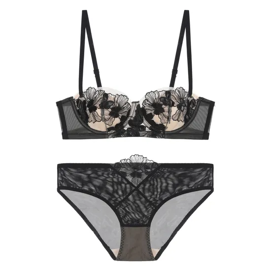 2025 Wholesale See-Through Lace Romantic Anti-Sagging Thongs Breathable Women Soft Bra Ultra-Thin Set Sexy Underwear Lingerie