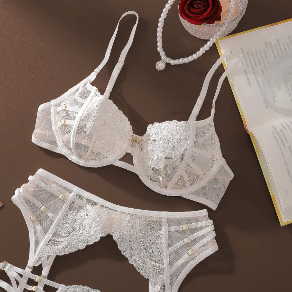 New Arrival Rose Embroidery Underwear Set Wholesale See-Through Woman Lingerie