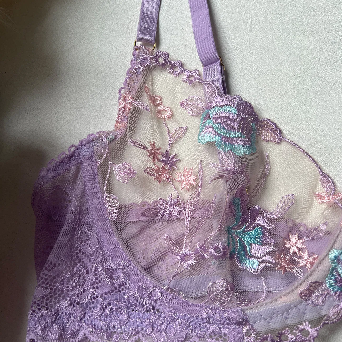 Sexy See-Through Embroidered Mesh Woman Bra Set Hot Erotic Hanging Sock Lingerie