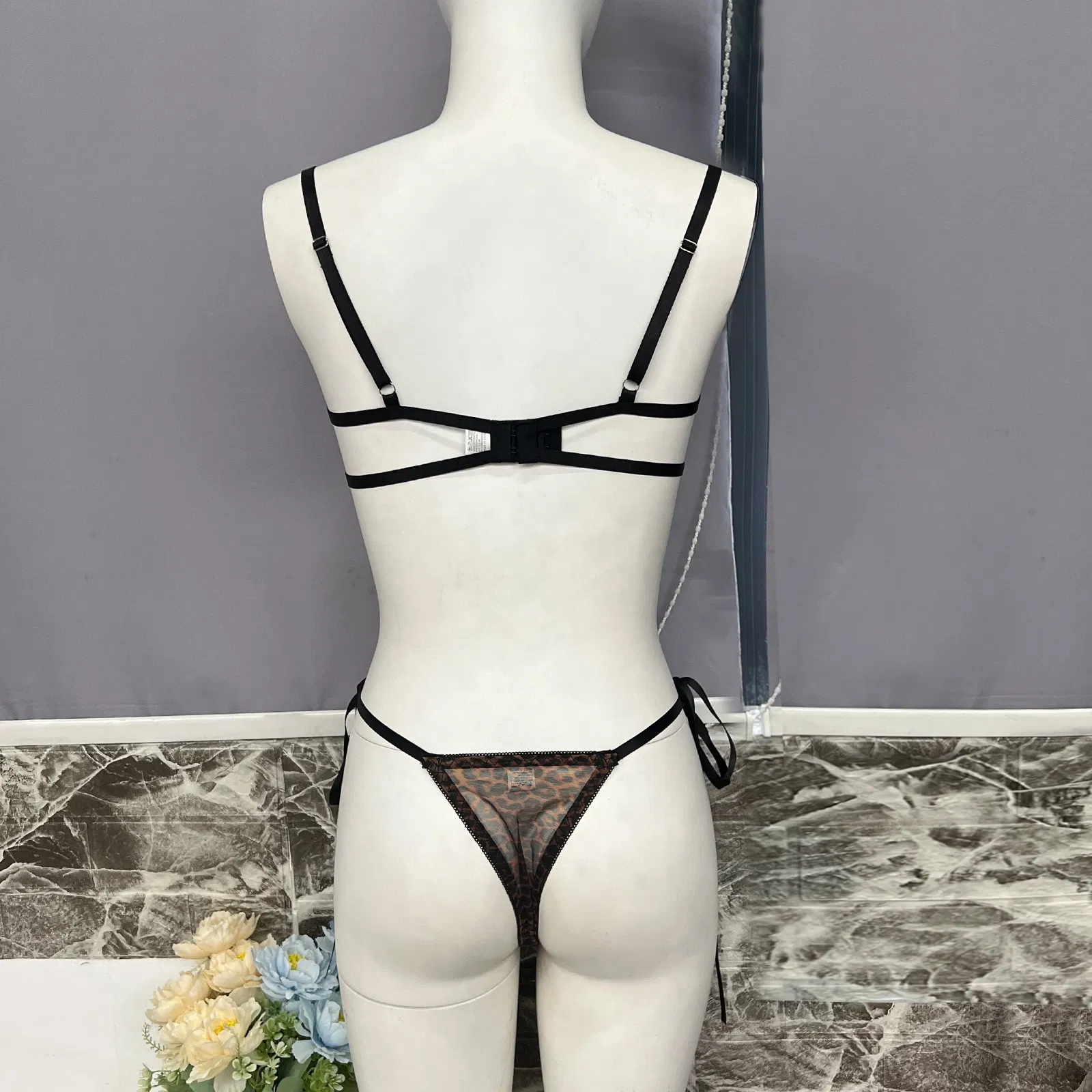 Wholesale Leopard Print Bow Ultra Thin Mesh Bra Set Sexy See-Through Woman Lingerie