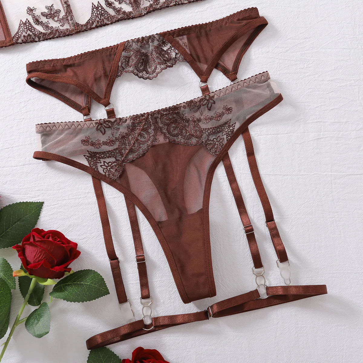 Sexy Fishbone Embroidered Lace Bra Panty Sets New Fashion See-Through Mesh Lingerie