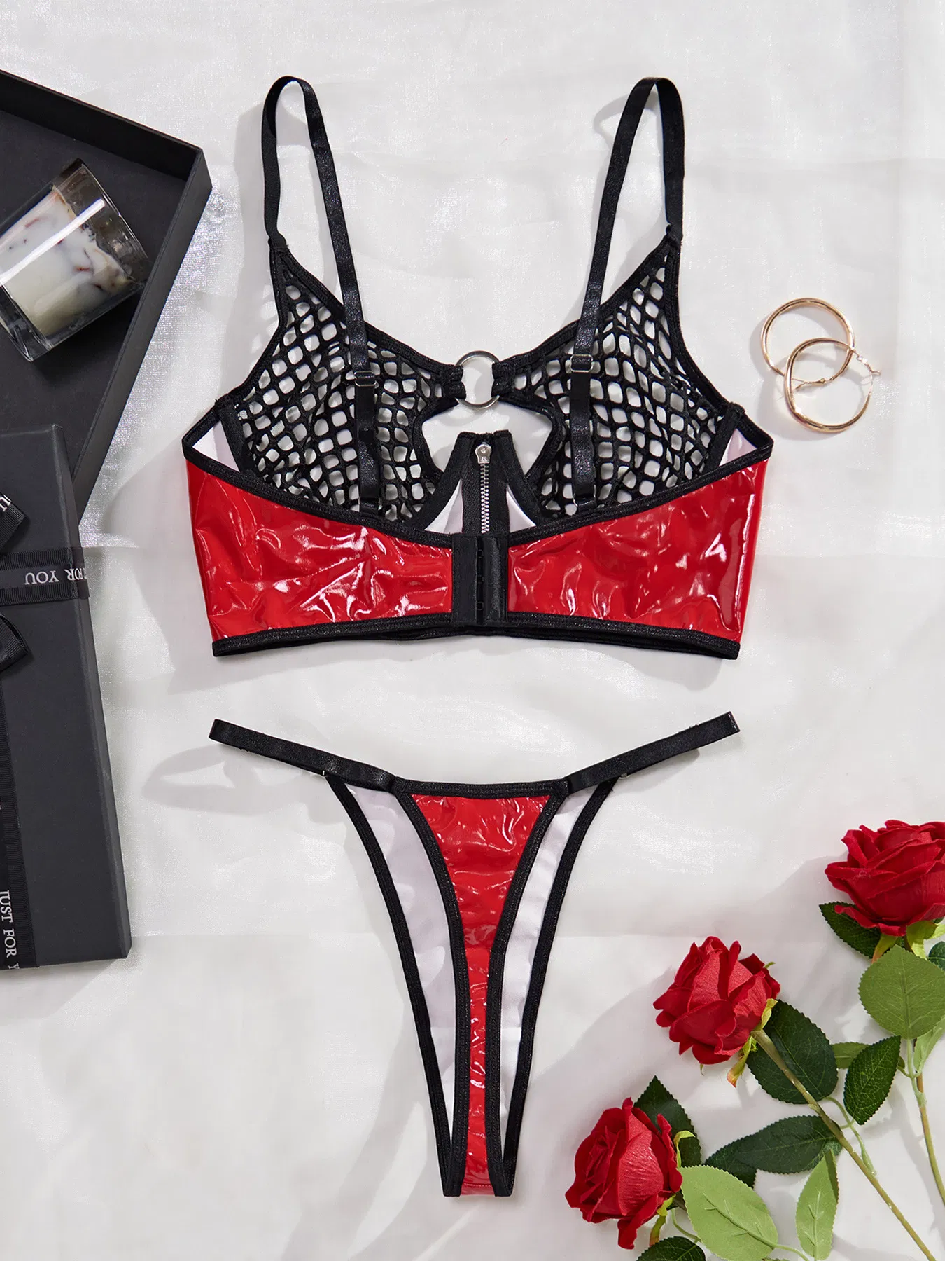 Hot Hollow out Fishnet Transparent Bra Set Sexy Patent Leather Zipper up Lingerie